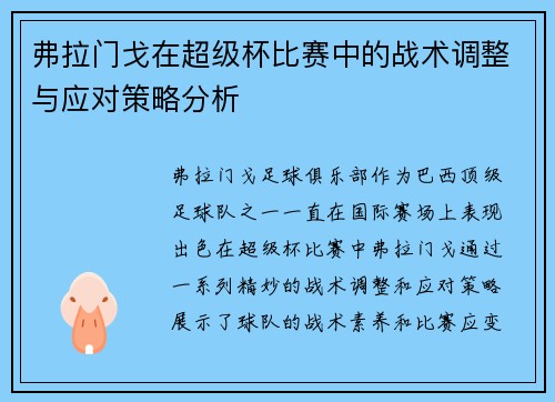 弗拉门戈在超级杯比赛中的战术调整与应对策略分析