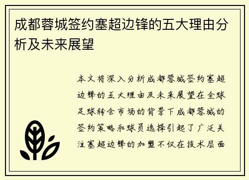 成都蓉城签约塞超边锋的五大理由分析及未来展望