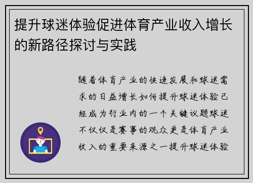 提升球迷体验促进体育产业收入增长的新路径探讨与实践